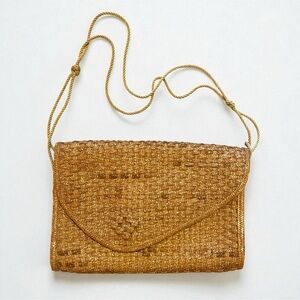 Vintage 1980s Woven Straw Evening Bag Clutch Shoulder Purse Gobi Corp Rope Strap
